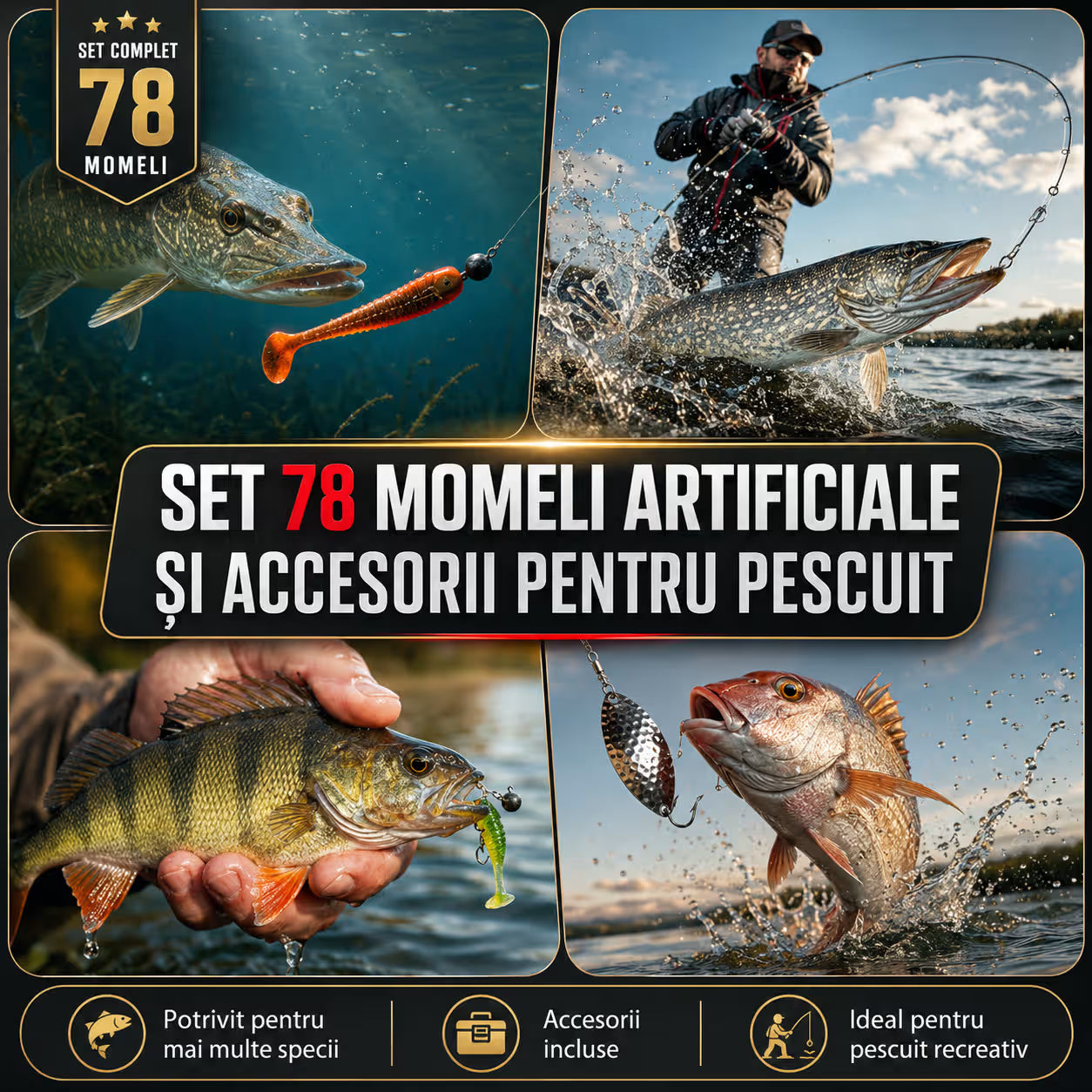 Set 78 momeli artificiale si accesorii pentru pescuit