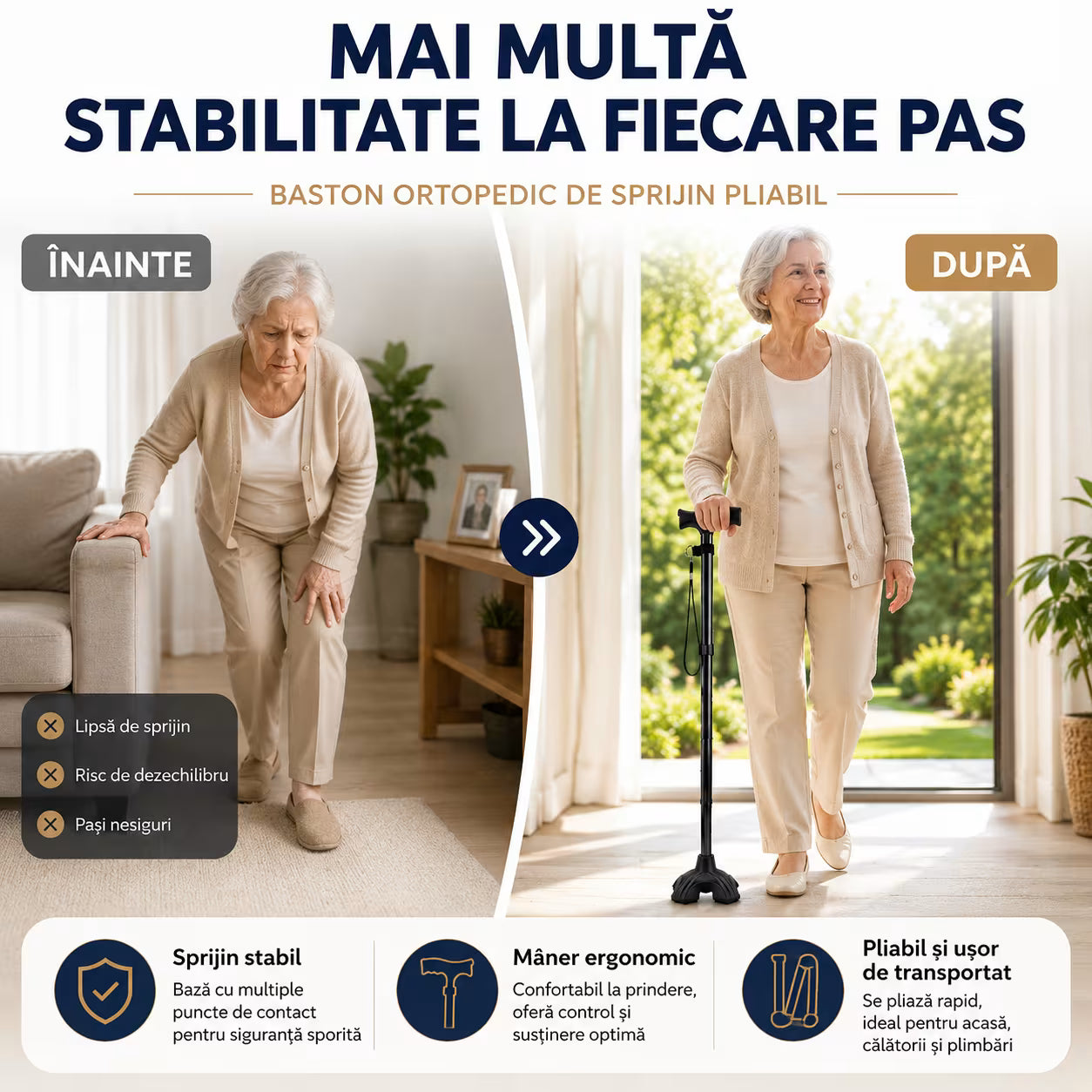 Baston ortopedic de sprijin pliabil