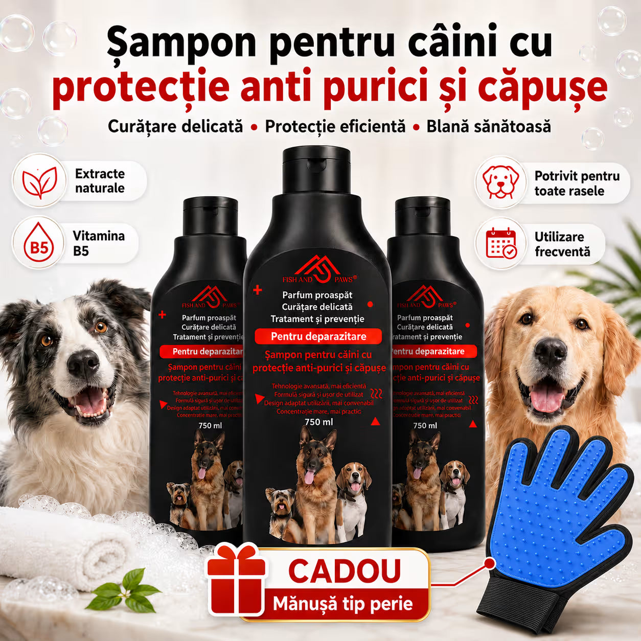 Sampon pentru caini cu protectie anti purici si capuse