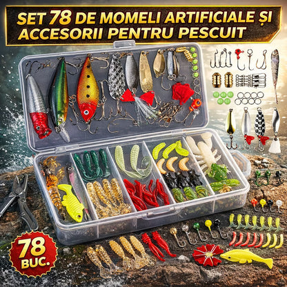 Set 78 momeli artificiale si accesorii pentru pescuit