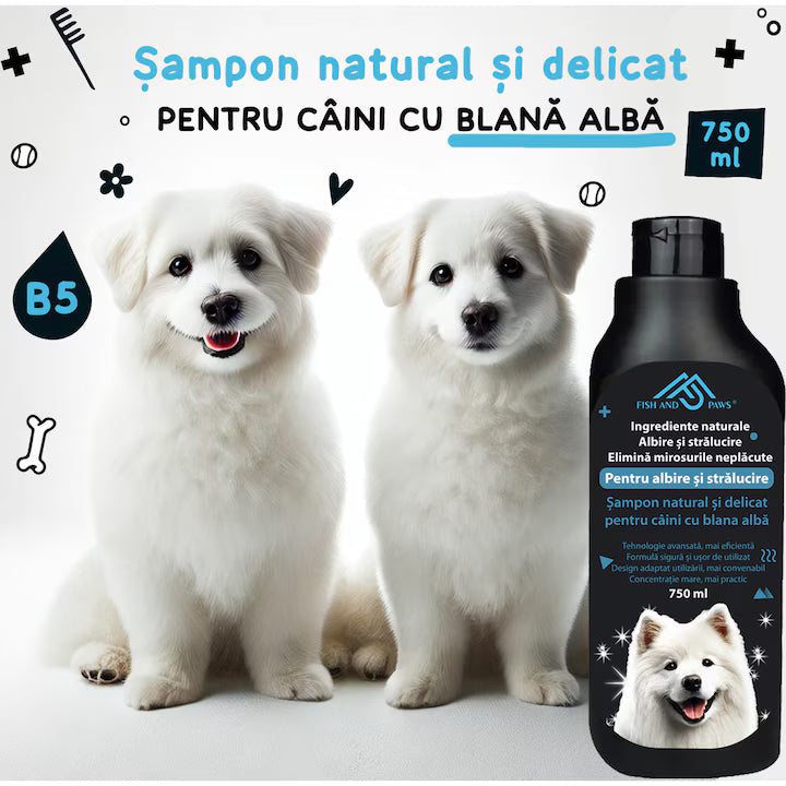 Sampon pentru caini cu blana alba, efect de albire si stralucire