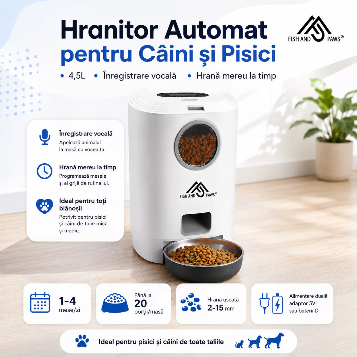 Hrănitor Automat pentru Câini și Pisici cu Inregistrare Vocala