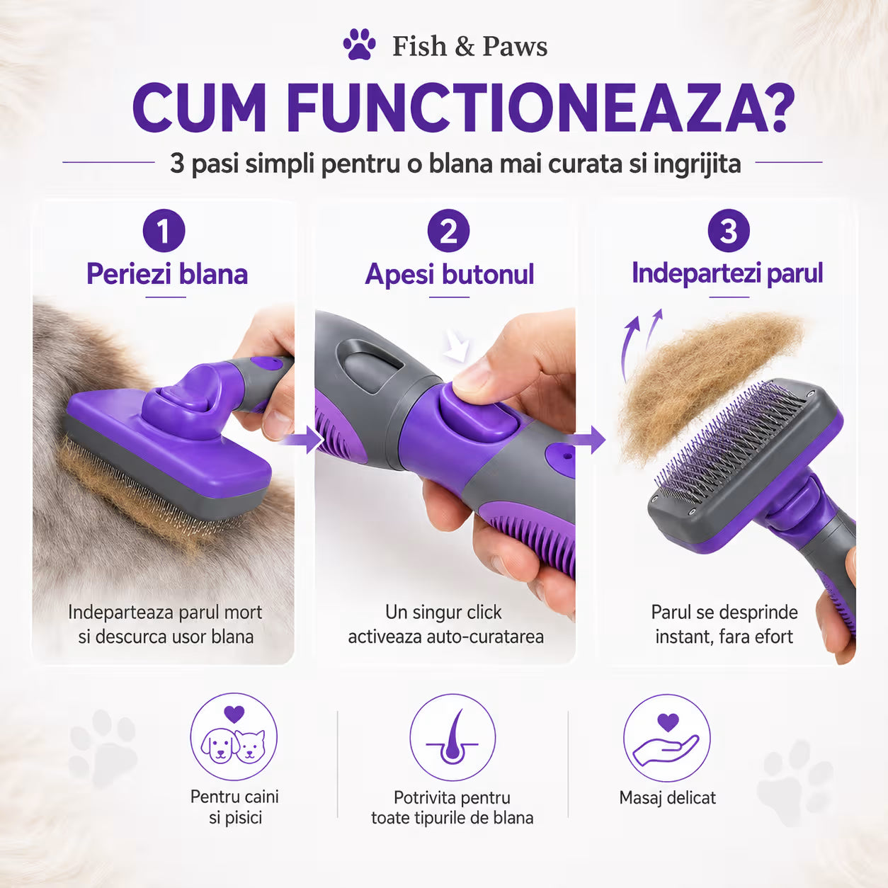 Perie pentru caini si pisici cu buton auto-curatare